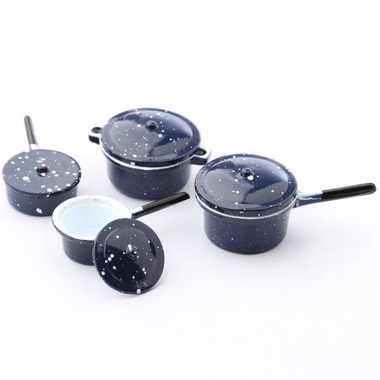 Factory Direct Craft - Wholesale Doll Accessory Kit - Kids - Dollhouse Miniature Blue Enamel Pots and Pans Set