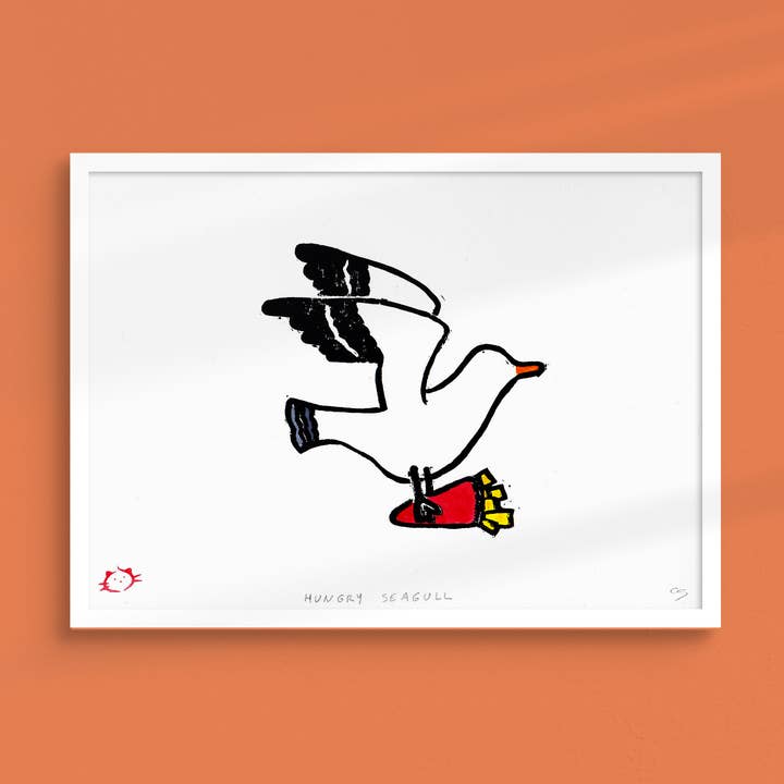 Hungry Seagull - Mixed Media Lino Print & Watercolour for wholesale by Stamped Cat
