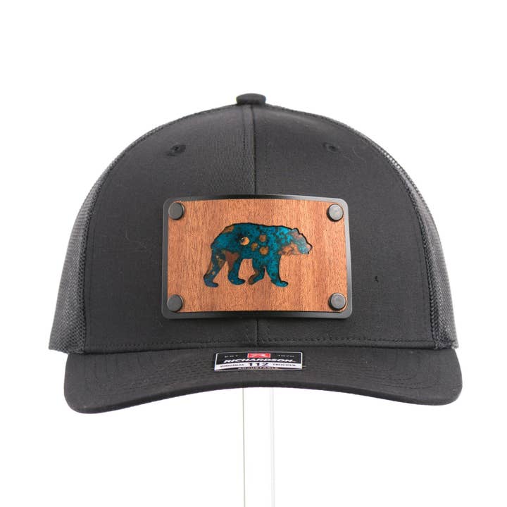 Last Best Supply Co - Wholesale Trucker Hat - Unisex - Grizzly Bear Teal Copper & Mahogany Wood Plate Patch Trucker Hat - Black0