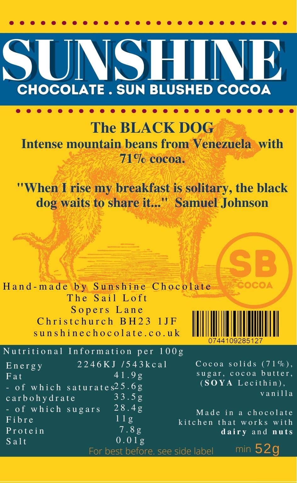 Dorset Chocolate – wholesale Chocolate bar – Sunshine Chocolate Black Dog dark chocolate melt bar1