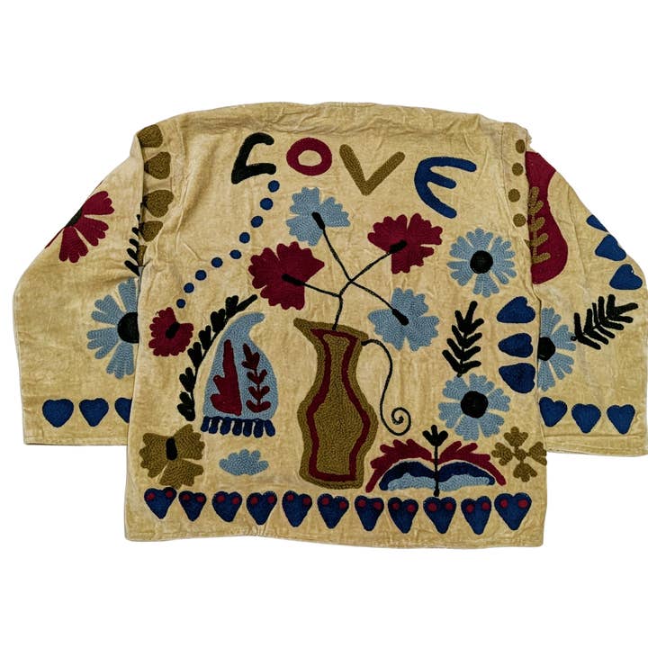 LOVE Beige Velvet Suzani Kimono Embroidered Boho Jacket for wholesale by Twinflower