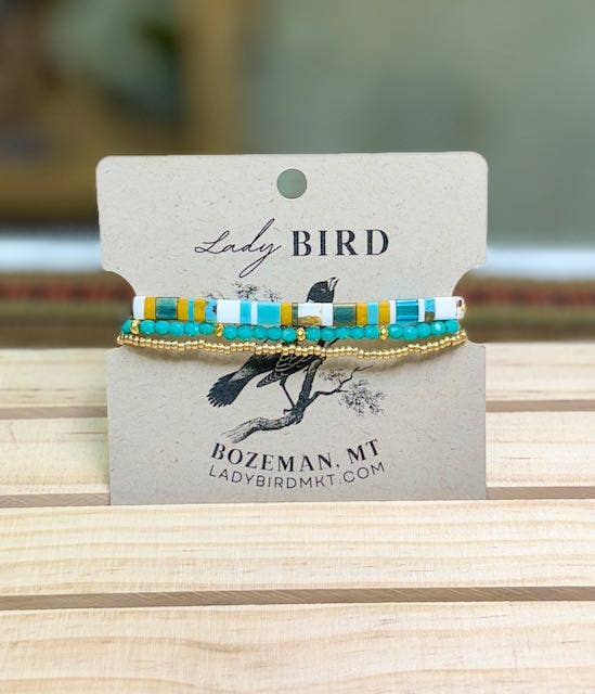 Lady Bird Market - Wholesale Jewelry Set - Wild at Heart Stretchy Tila Bead Bracelet Set with Turquoise in Gold or Silver