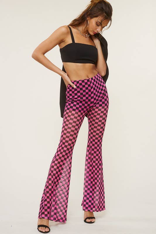 Pink High Waisted Mesh Checkered Print Flared Pants for wholesale on Faire1