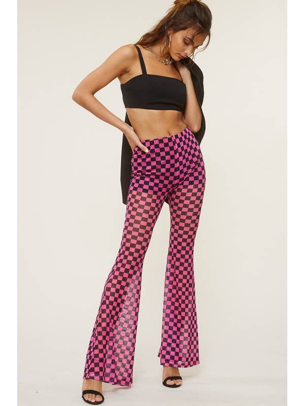 Pink High Waisted Mesh Checkered Print Flared Pants for wholesale on Faire1