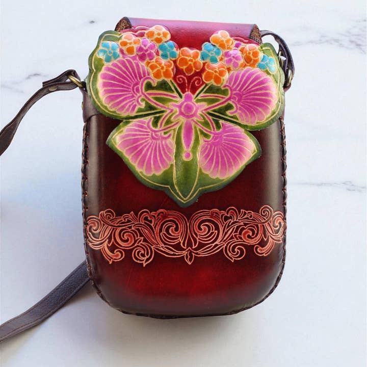 Sunflower Handmade leather inc - Vendita all'ingrosso Tracolla - Donna - Borsa a tracolla rettangolare in pelle fatta a mano con farfalla per telefono.4