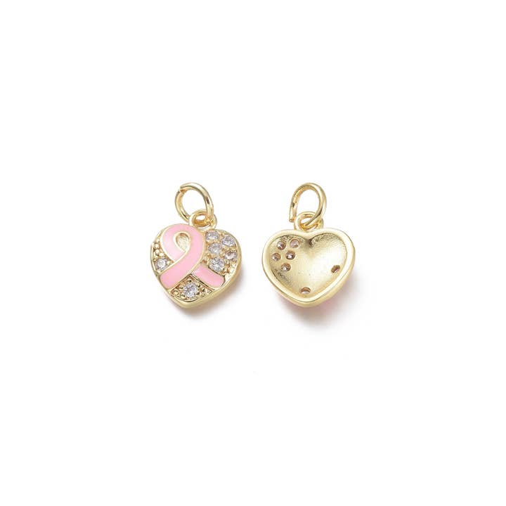 The Charm Bar Company - Venta al por mayor Abalorios/colgantes individuales - Colgante corazón con lazo rosa de cáncer de mama en oro2