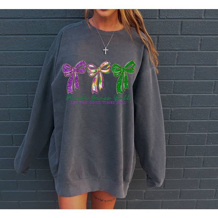 Preppy Mardi Gras Y’all Coquette Bows Graphic Sweatshirt for wholesale by Gia Gifts Boutique