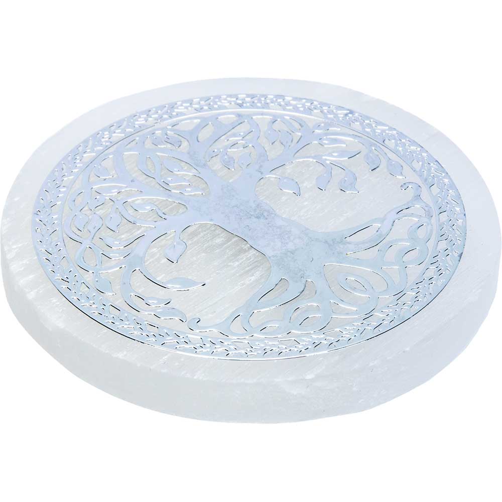 Kheops International - Wholesale Crystal Charging Plate - Selenite Spar Charging Disk Silver Tree & Moon (Pack of 3)1