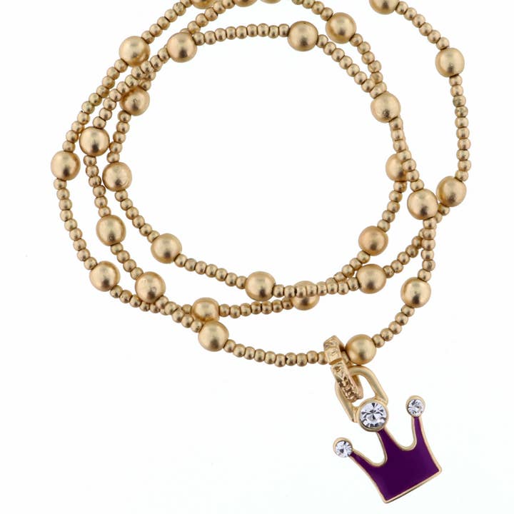 Kids Set of 3, Gold Stretch, Purple Crown Bracelet for wholesale by Jane Marie