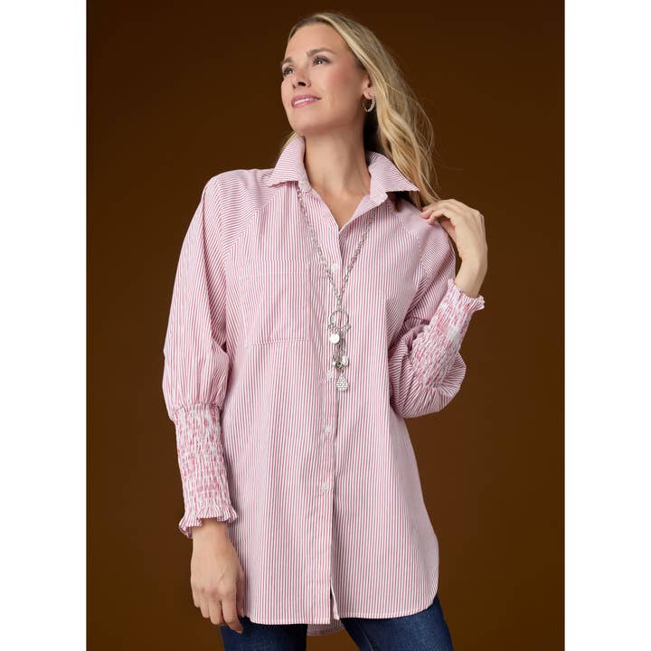 COCO + CARMEN - Wholesale Shirt - Women's - Tianna Striped Tunic Top with Cinched Sleeve5