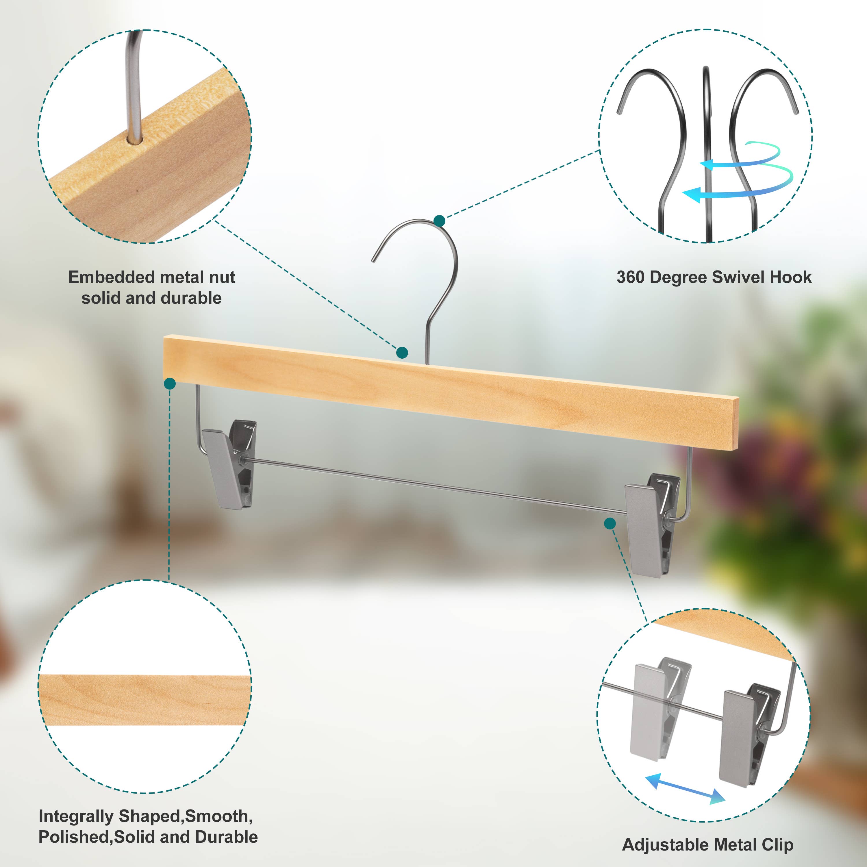 Quality Hangers - Wholesale Kleerhangers - WS72 Ultra Slim Rok Broek Hangers + Clips Natuurlijk — 200 Stuks5