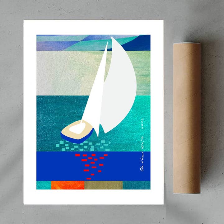 Creations Awol - Wholesale Poster - White Sailboat At Sunset On The Sea With Graphic Reflection: French Rivera Classic Matte Paper Poster1