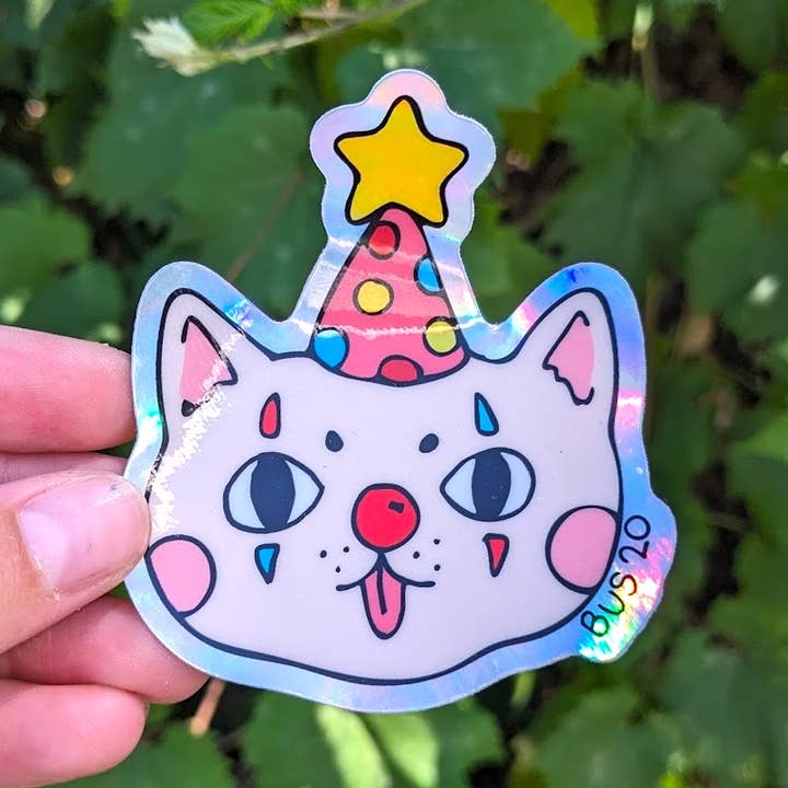 Holographic Circus Cat Vinyl Sticker for wholesale by Bus 20 Ceramics