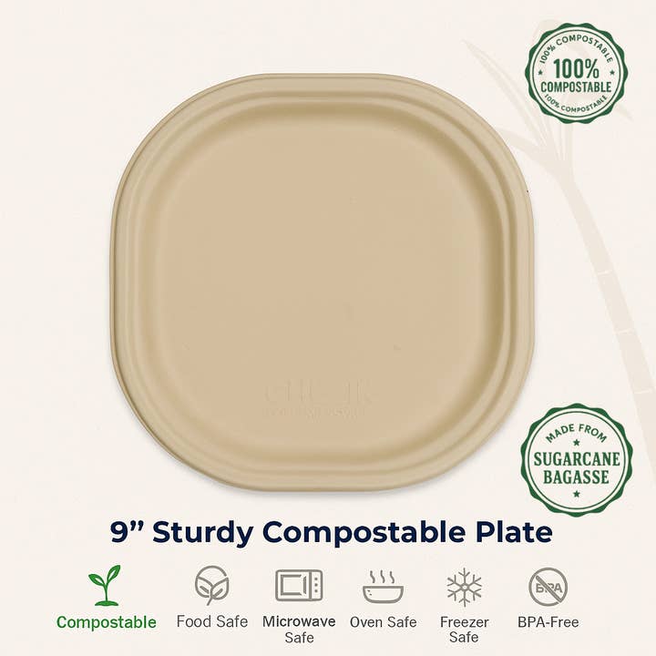 Assiettes de 9" (Carton de 500 | 20 x 25 paquets) - 100 % compostables fabriquées à partir de bagasse de canne à sucre pour la vente par Nutribite EcoWare