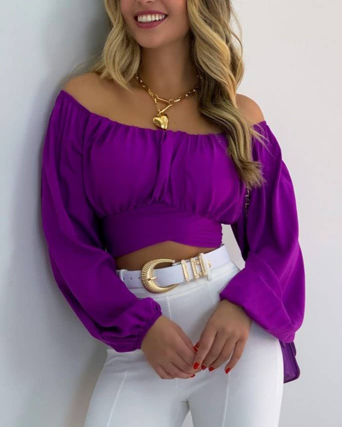 HIDDENBRAND - Wholesale Blouse - Women's - Crop Top Balloon Sleeve Straight-Neck Shirt13