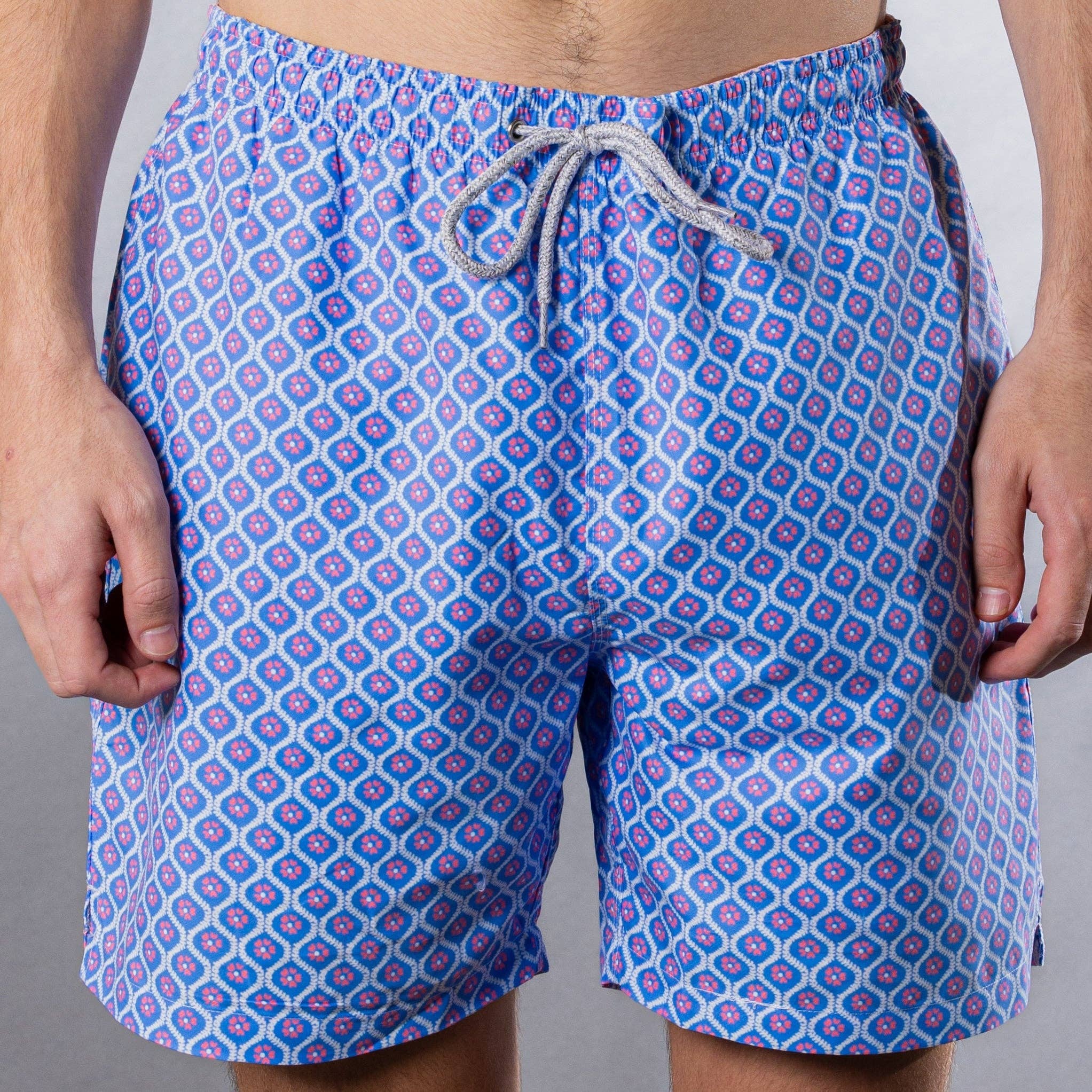 Let's Get This Thread - Wholesale Swim Shorts - Men's - Men's Mesh Liner Swim Trunks - Geo Blue/Pink3