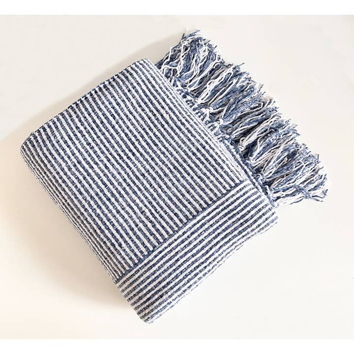 Fennco Styles - Wholesale Throw Blanket - Navy Blue Chenille Woven Striped 50"x60" Throw Blanket