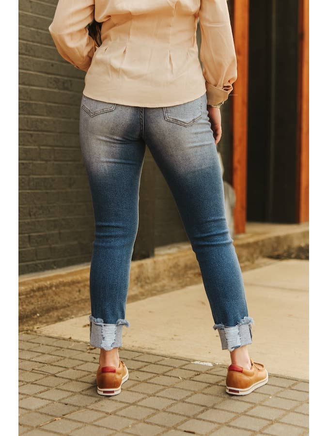 LUCKY & BLESSED - Wholesale Jeans – Women’s - Mid Wash Mid Rise Distressed Cuffed Hem Skinny Jeans1