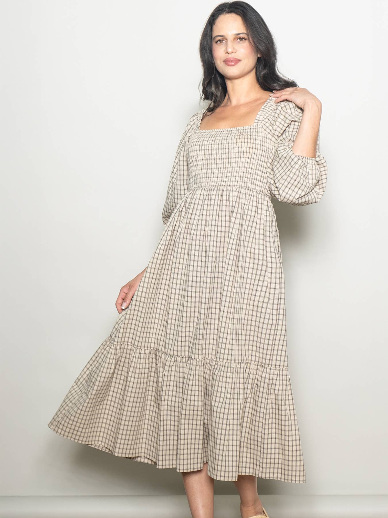 Elloh Collection - Wholesale Dress - Women's - Square Neck Checkered Plaid Smocked Chest Cotton Maxi Dress5