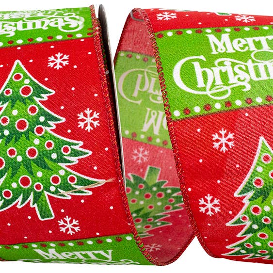 Merry Christmas Trees And Words Wired Edge, Red/green for wholesale by RELIANT RIBBON