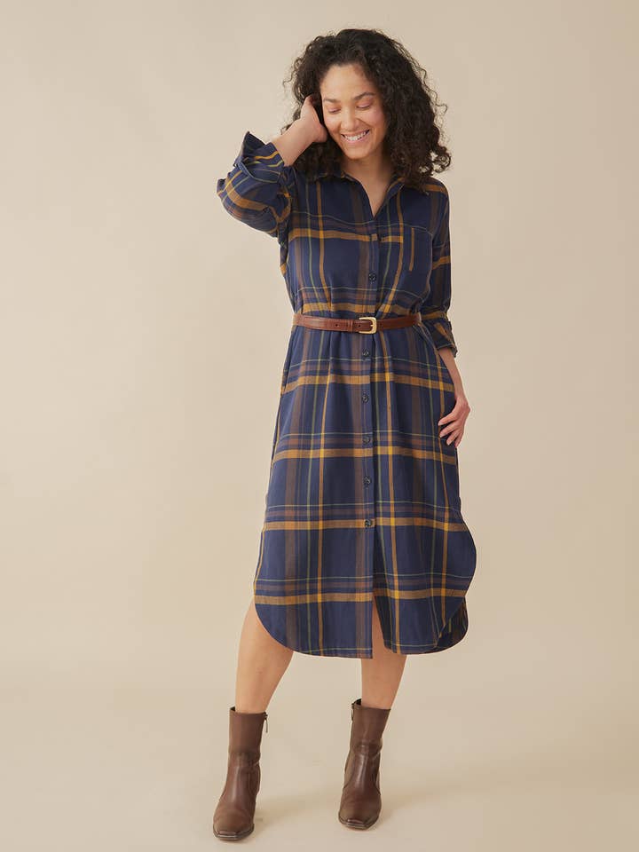 Sutton Shirtdress Navy Yellow Plaid for wholesale by Mata Traders
