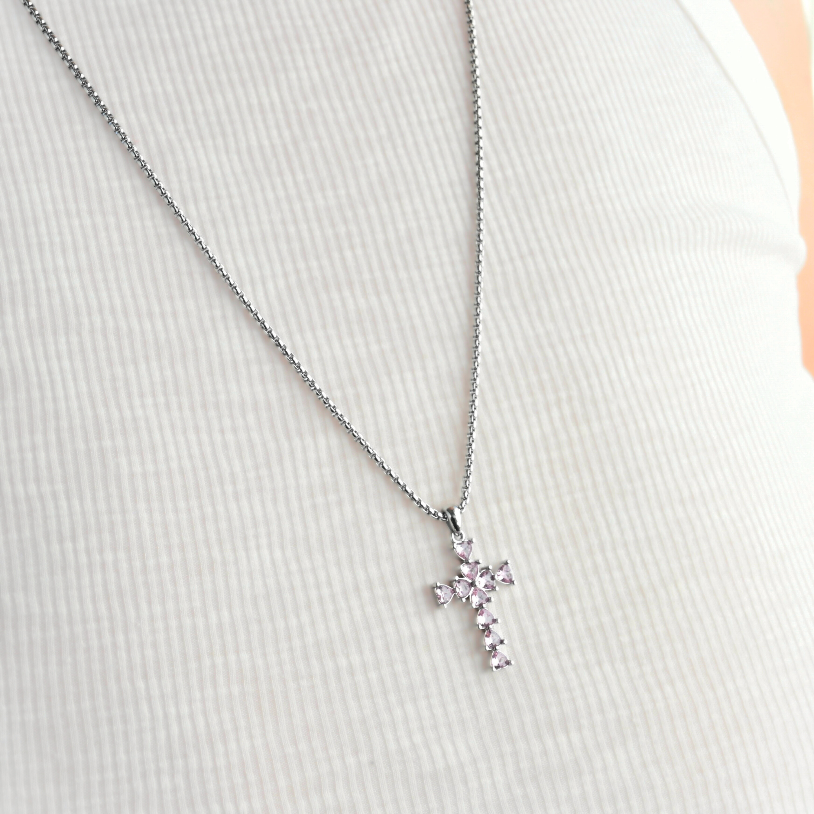 Blueyejewelry - Wholesale Pendant/Charm Necklace - Long Diamond Cross Necklace with Heart Shaped Stones6