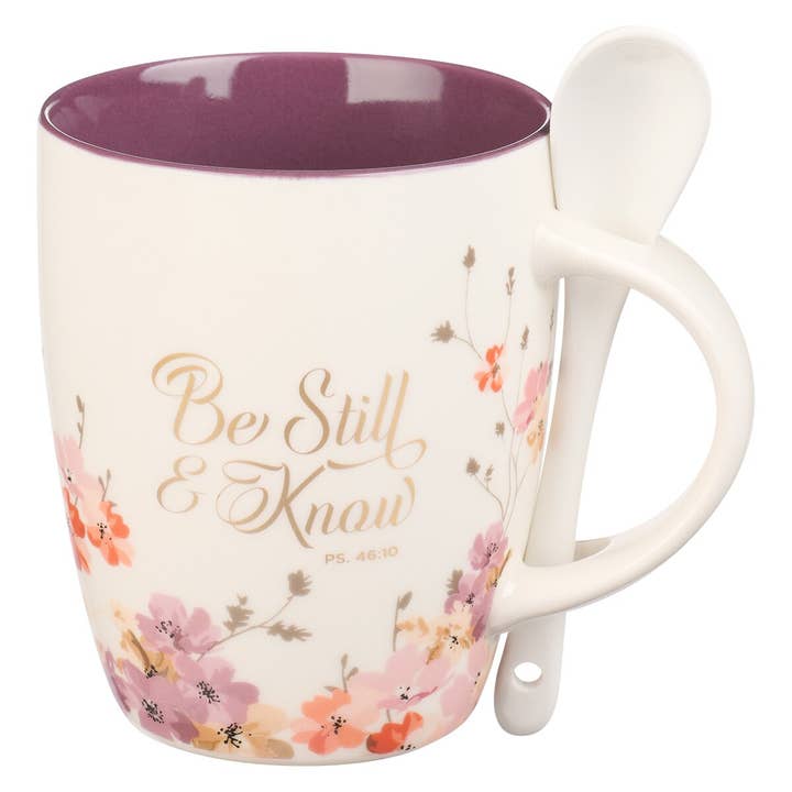 Mug with Spoon White/Purple Floral Be Still Ps. 46:10 for wholesale by Christian Art Gifts