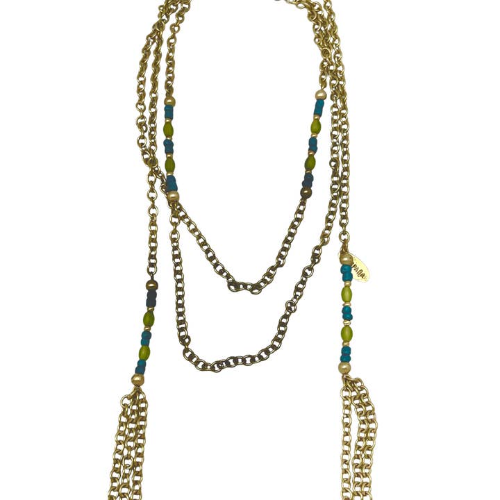 Collana lunga multiposizione catena e cristallo verde dorato per la vendita all'ingrosso da parte di Gloria Mago