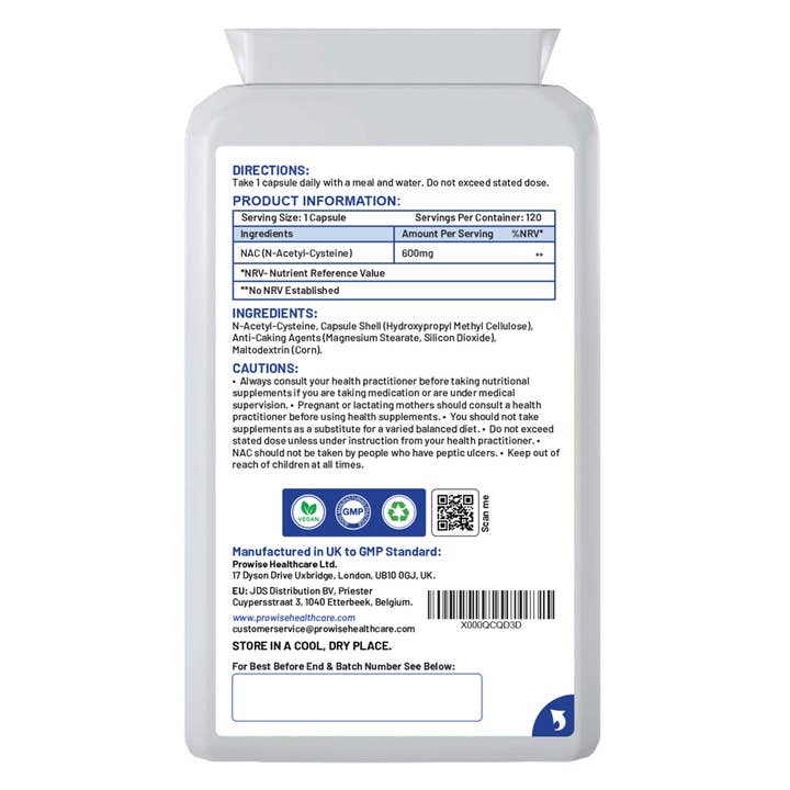 Prowise Healthcare - Venta al por mayor Suplementos/vitaminas para beber - NAC N-acetil-cisteína 600 mg 120 cápsulas, fabricado en el Reino Unido