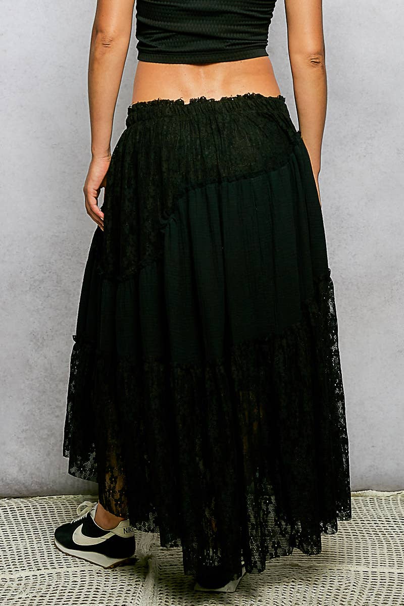 Pol Clothing - Wholesale Skirt - Women's - Double gauze raw edge lace patch solid maxi skirts2