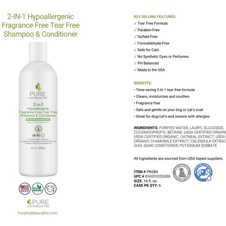 Pure and Natural Pet - Vendita all'ingrosso Shampoo - Cani - Fragranza ipoallergenica 2 in 1+shampoo/balsamo antistrappo1