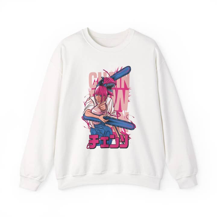 Cherry Anime Girl with Bat Crewneck Sweatshirt | Kawaii Japanese Text for wholesale by Le Paperie Co