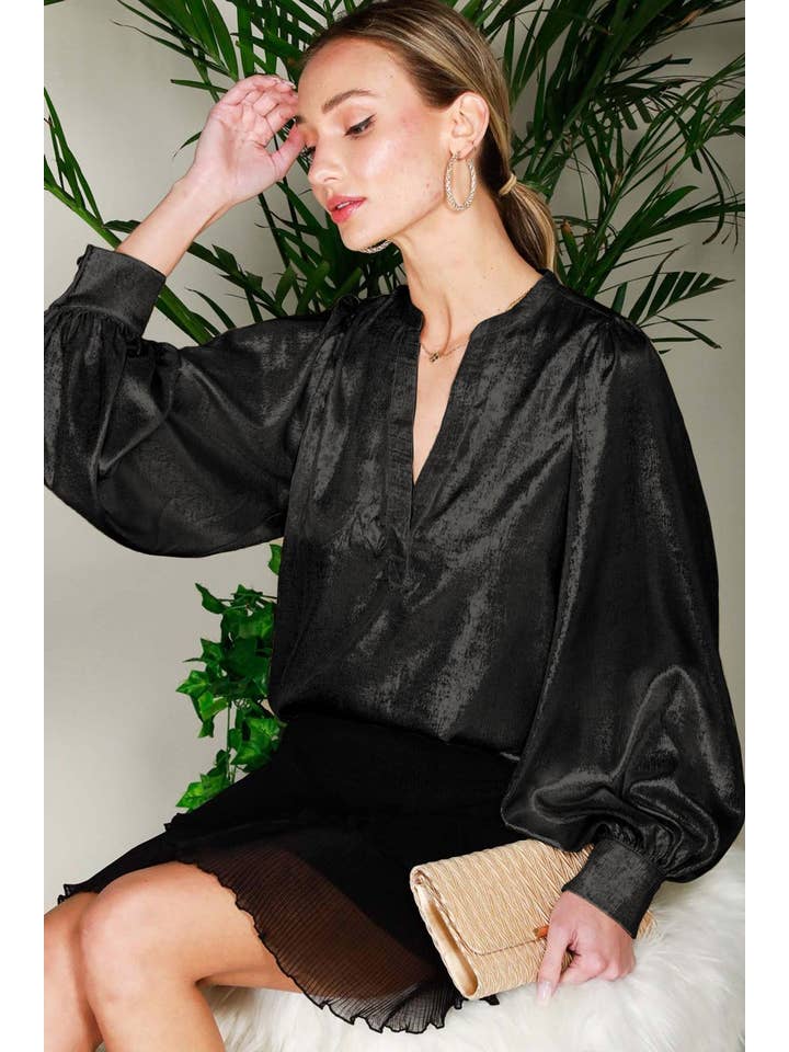 Vine & Love - Wholesale Blouse – Women’s - Henley Neck Long Balloon Sleeve Metallic Blouse Top VT81244F