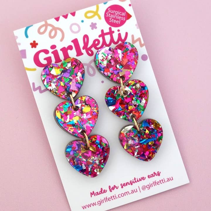 Girlfetti - Wholesale Dangle Earrings - Triple Heart Acrylic Dangle Earrings5
