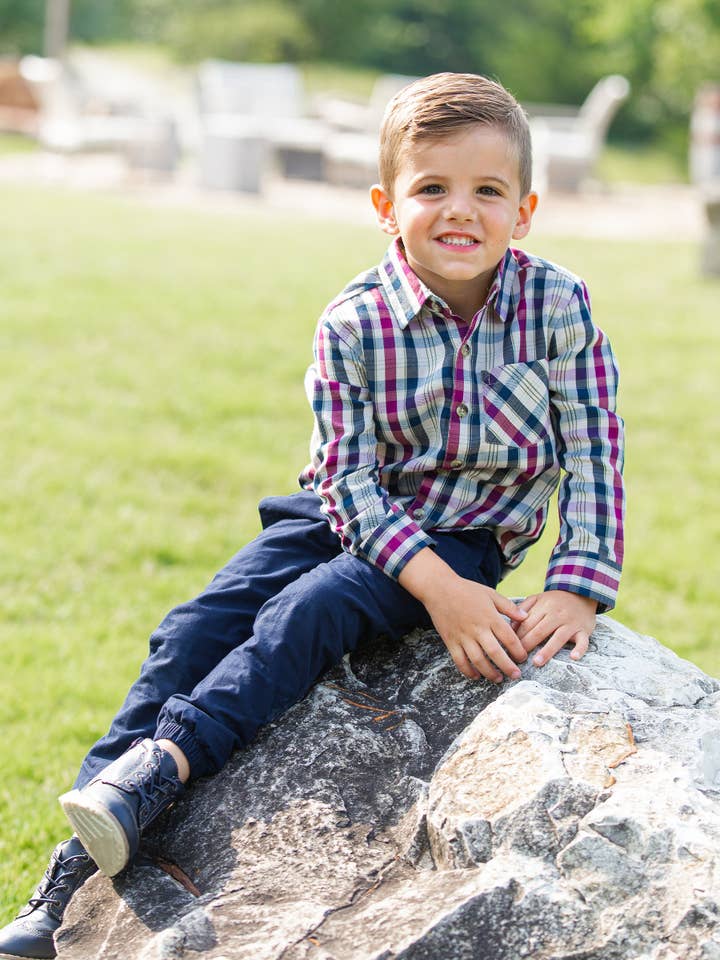 Navy Boys Rowan Plaid Long Sleeve Button Down Shirt for wholesale on Faire