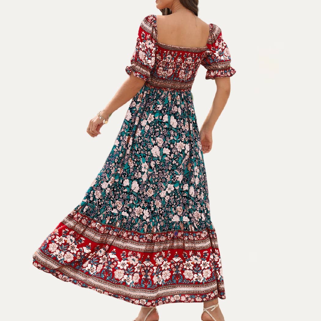 The Moment Collection - Wholesale Jurk - Dames - Boheemse maxi-jurk met bloemenprint en korte mouwen2