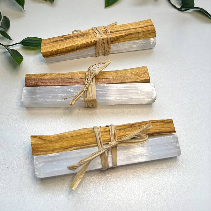 VIE - Vente Bâton de sauge - Mini grappe de fumigation, Palo Santo avec sélénite 10 cm0