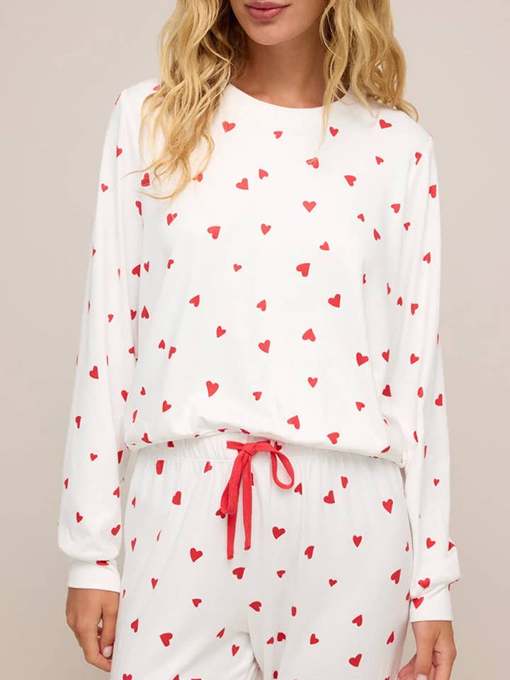 Fiery Red Tiny Hearts Printed Long Sleeve Top Drawstring Lounge Pant Set for wholesale by Lovesoft