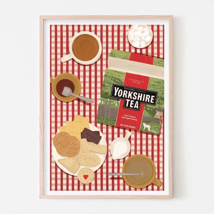 Impression artistique de thé et biscuits du Yorkshire | Affiche Cuppa Brew pour la vente par Vero Illustrates Art Prints and Greeting Cards