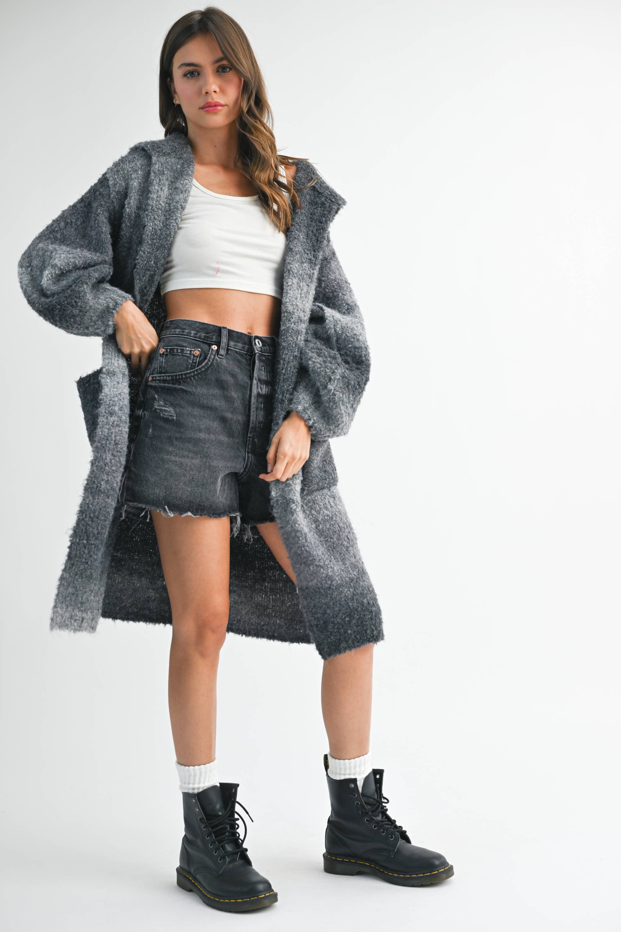 AEMI + CO - Vente Cardigan – femme - Cardigan à capuche Nelsi avec manches ballon et poches19