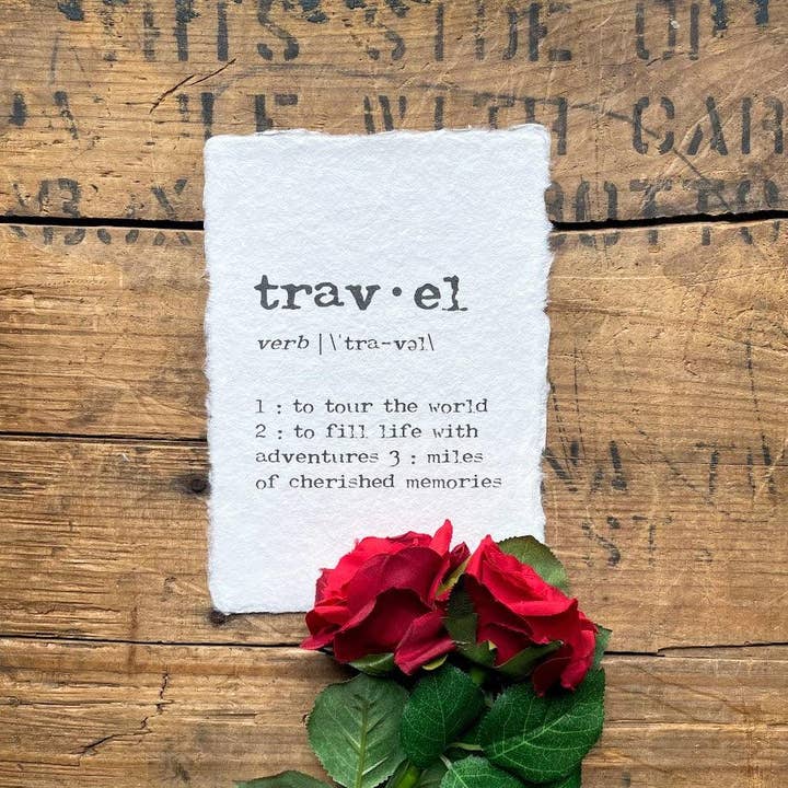 travel definition print in typewriter font on handmade paper for wholesale by Alison Rose Vintage