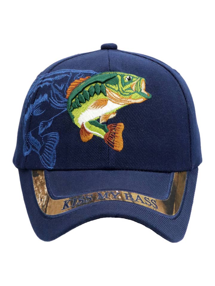 Kiss My Bass Fish Acrylic Velcro Back Baseball Cap for wholesale by Cap Zone