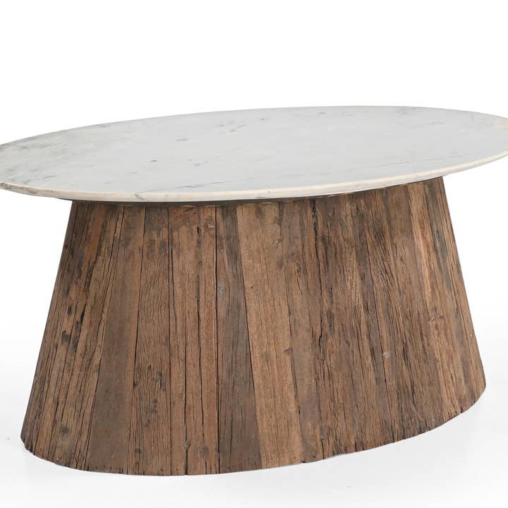 Oval Wood Coffee Table with Marble Top H 18" & Dia 28" for wholesale on Faire8