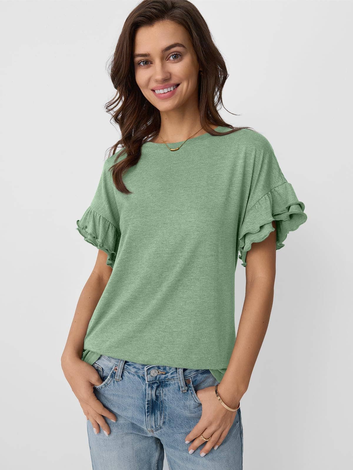 Suhkasana - Vendita all'ingrosso Maglietta - Donna - Maglietta da donna con maniche a volant e scollo tondo – Top estivo casual a tinta unita5