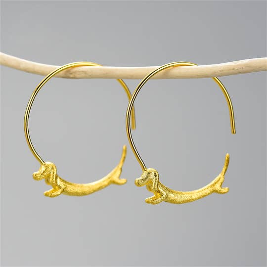 Perimade & Co. LLC - Wholesale Hoop Earrings - Cute Gold Dachshund Dog Hoop Earrings in 925 Sterling Silver