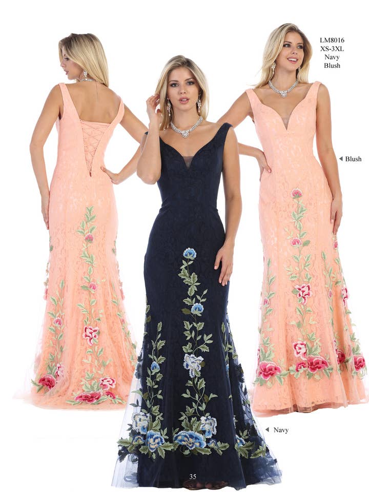 Robe longue fleurie à col en V avec broderie. LM8016 pour la vente par Chicas