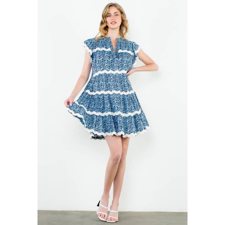 BLUE Wave Trim Flutter Sleeve Print Dress for wholesale on Faire2