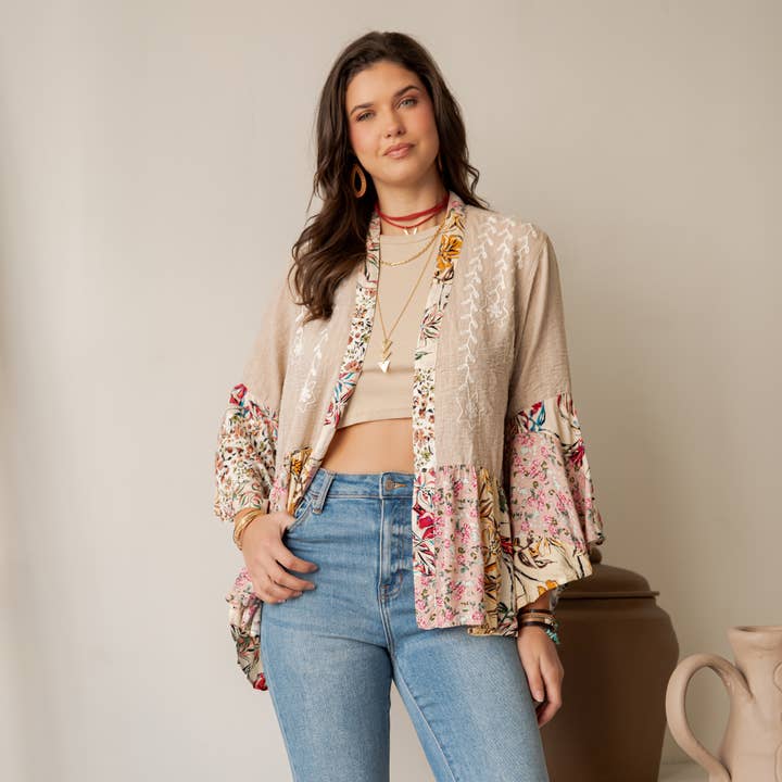 Boho Floral Embroidered Open Front Lace Trim Cardigan NEW for wholesale by Young Threads