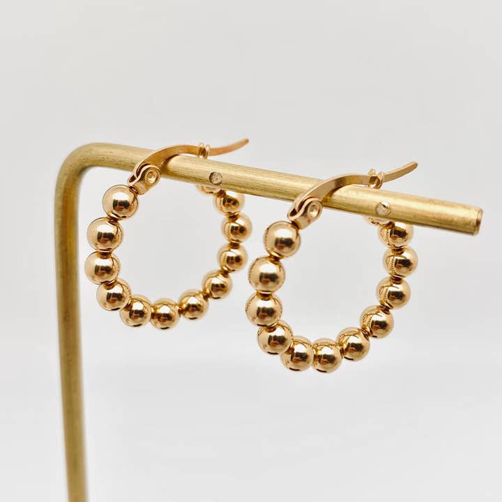 Mio Queena - Wholesale Hoop Earrings - Gold Plated Stainless Steel Beads Hoop Earrings - FGS