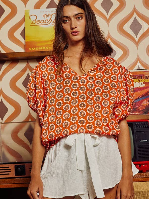 OLIVE T1868 Puff Sleeve Floral Woven Blouse for wholesale on Faire2